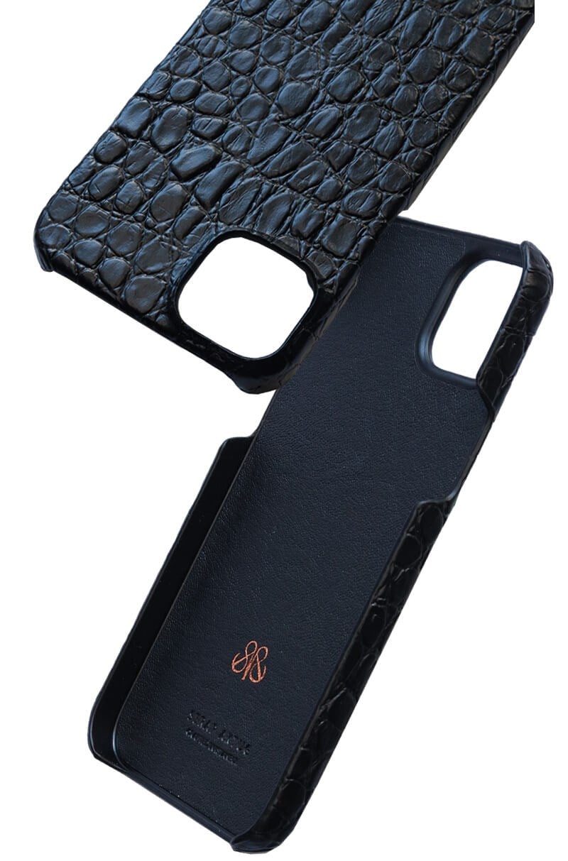 Deri iPhone Kılıf 14 Plus Siyah Baby Croco Full Deri