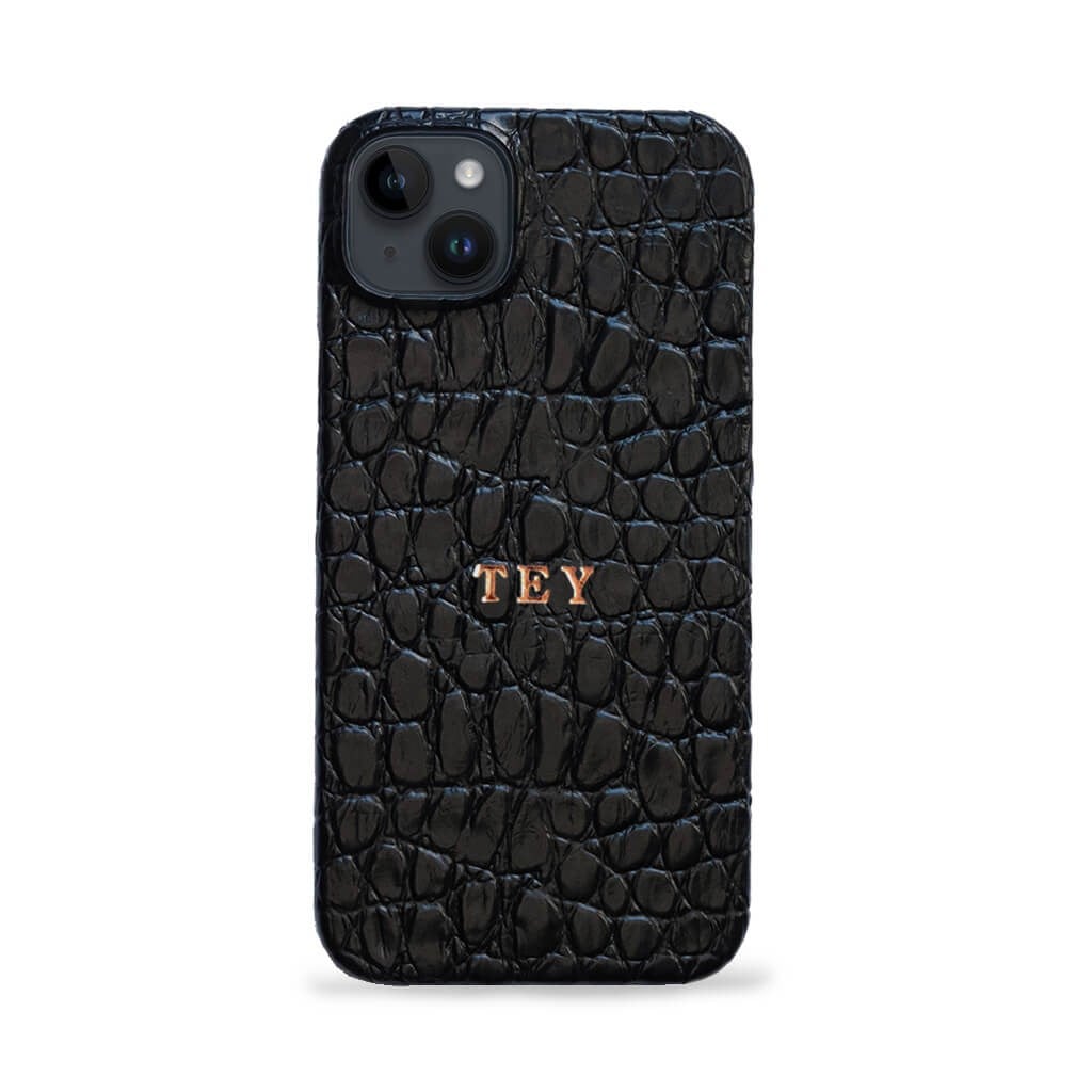 Deri iPhone Kılıf 14 Plus Siyah Baby Croco Full Deri