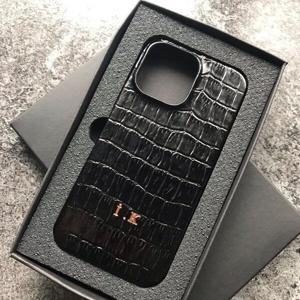 Deri iPhone Kılıf 14 Plus Siyah Croco Full Deri