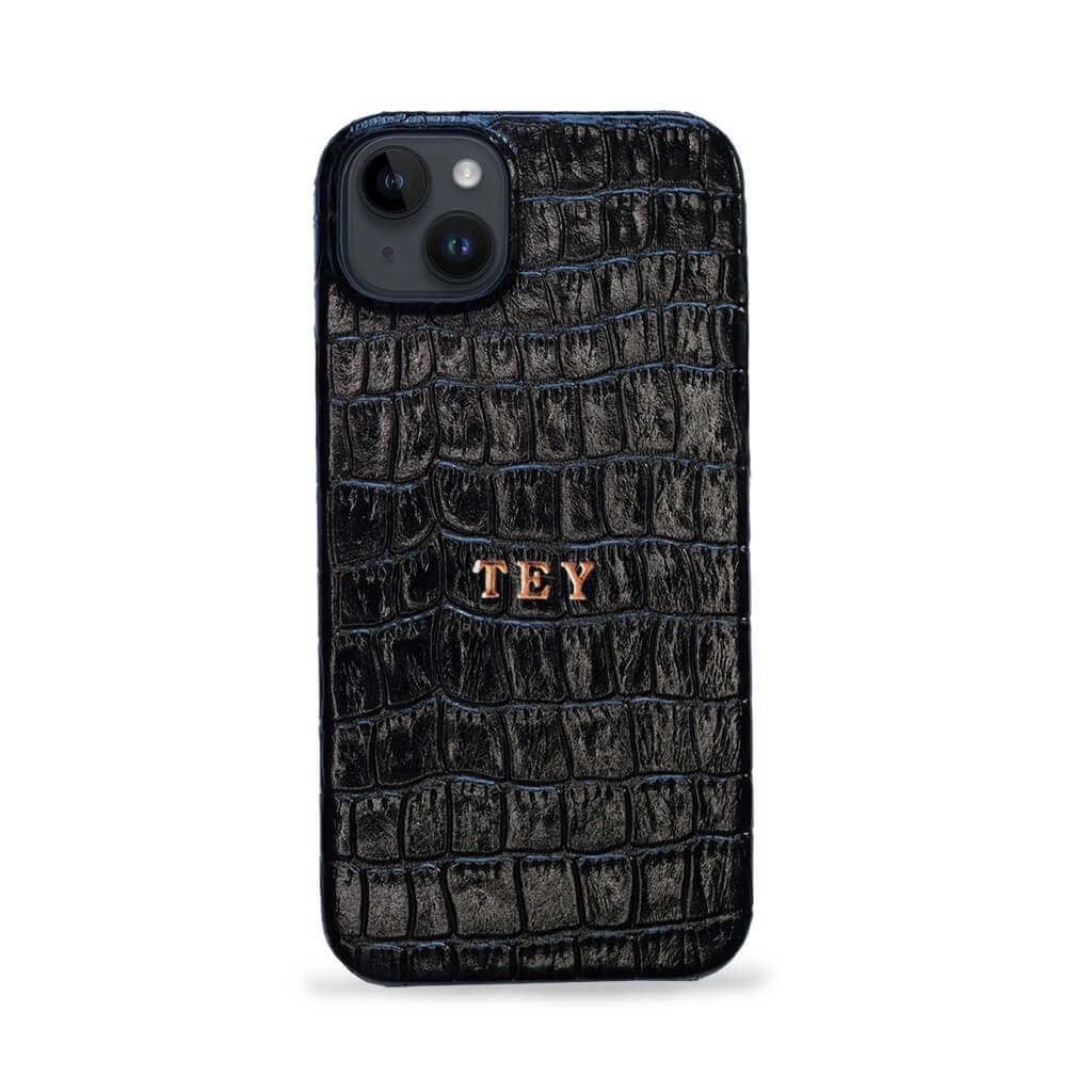 Deri iPhone Kılıf 14 Plus Siyah Croco Full Deri