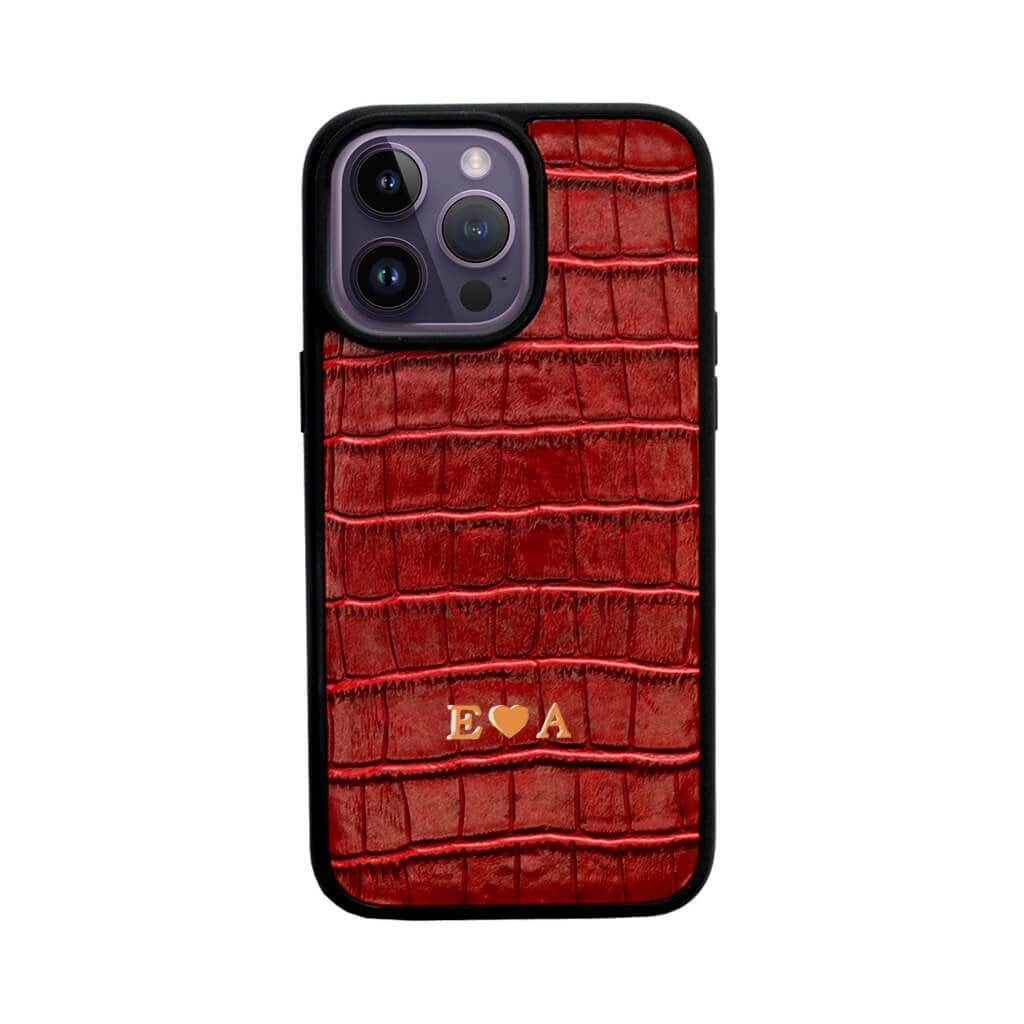 Deri iPhone Kılıf 14 Pro Kırmızı Croco