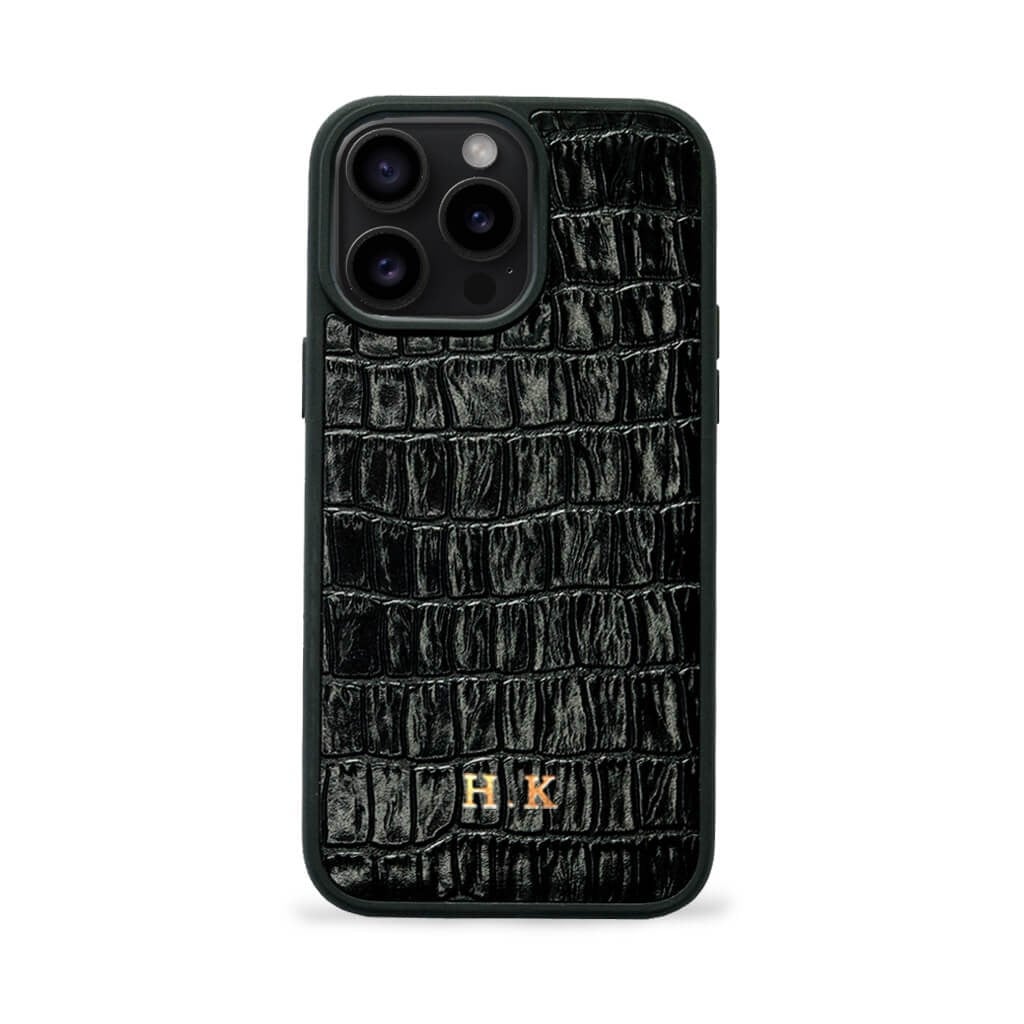 Deri iPhone Kılıf 14 Pro Siyah Croco