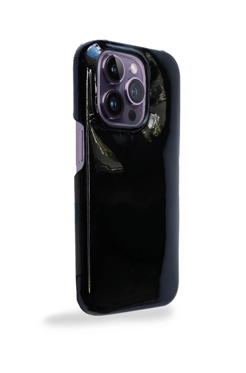 Deri iPhone Kılıf 14 Pro Siyah Rugan Full Deri