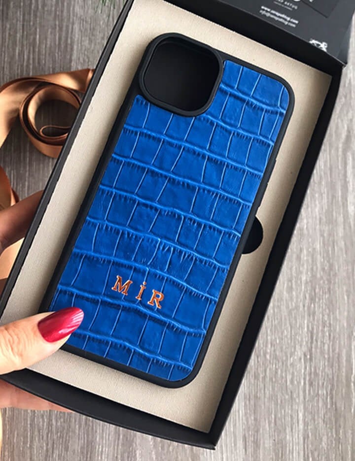 Deri iPhone Kılıf 15 Mavi Croco