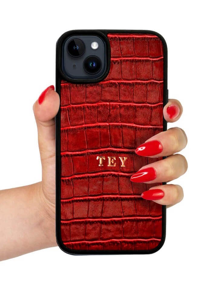 Deri iPhone Kılıf 15 Pro Kırmızı Croco