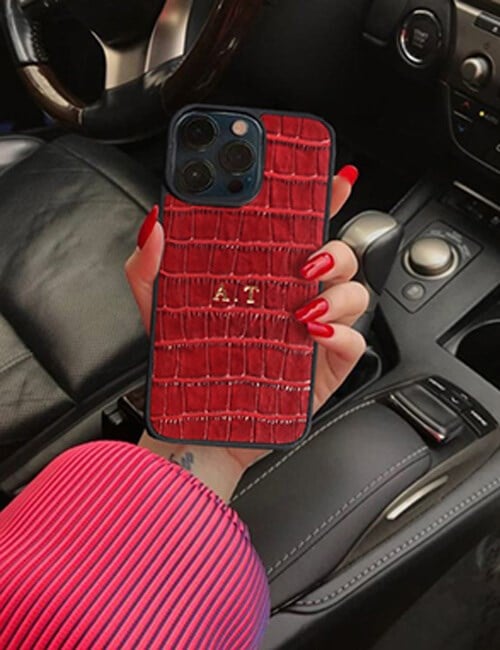 Deri iPhone Kılıf 15 Pro Max Kırmızı Croco