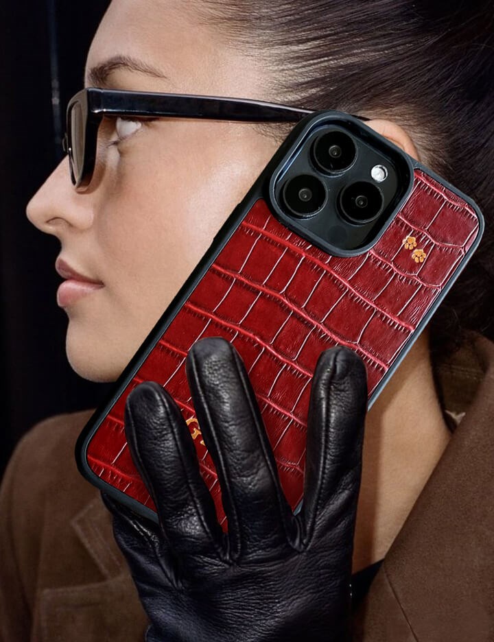 Deri iPhone Kılıf 16 Pro Max Kırmızı Croco