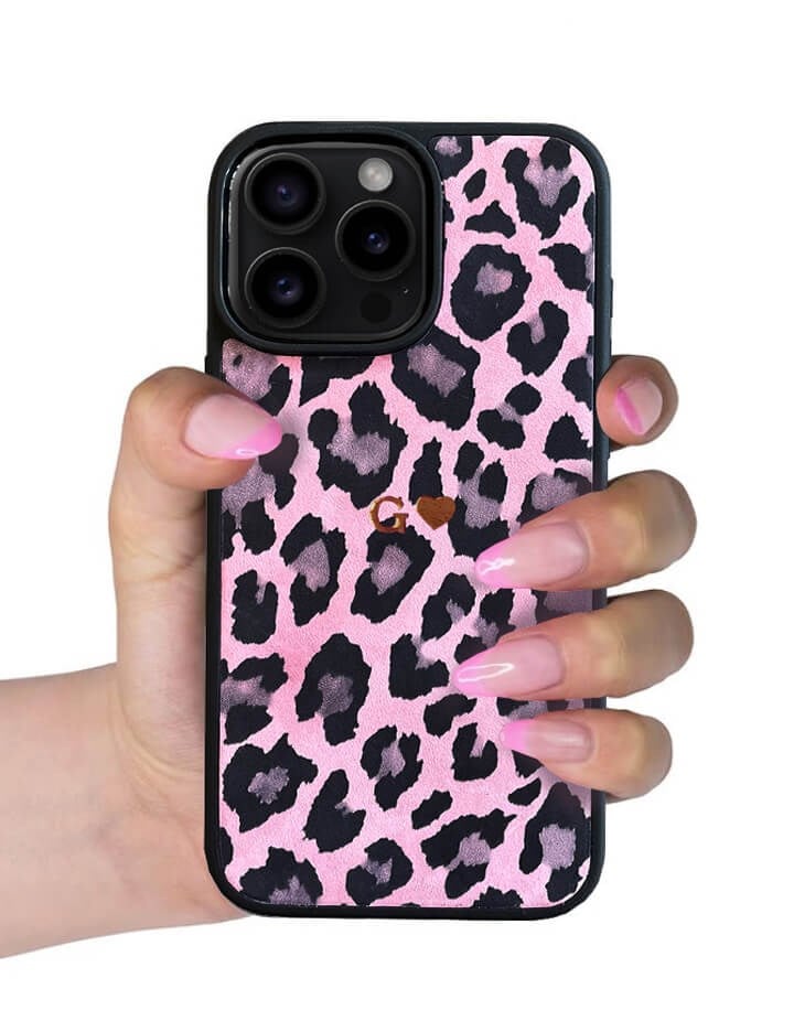 Deri iPhone Kılıf 16 Pro Max Pembe Leopar