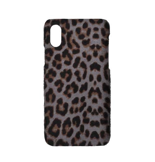 Deri iPhone Kılıf Xs Max Gri Leopar Baskılı Tüylü Deri