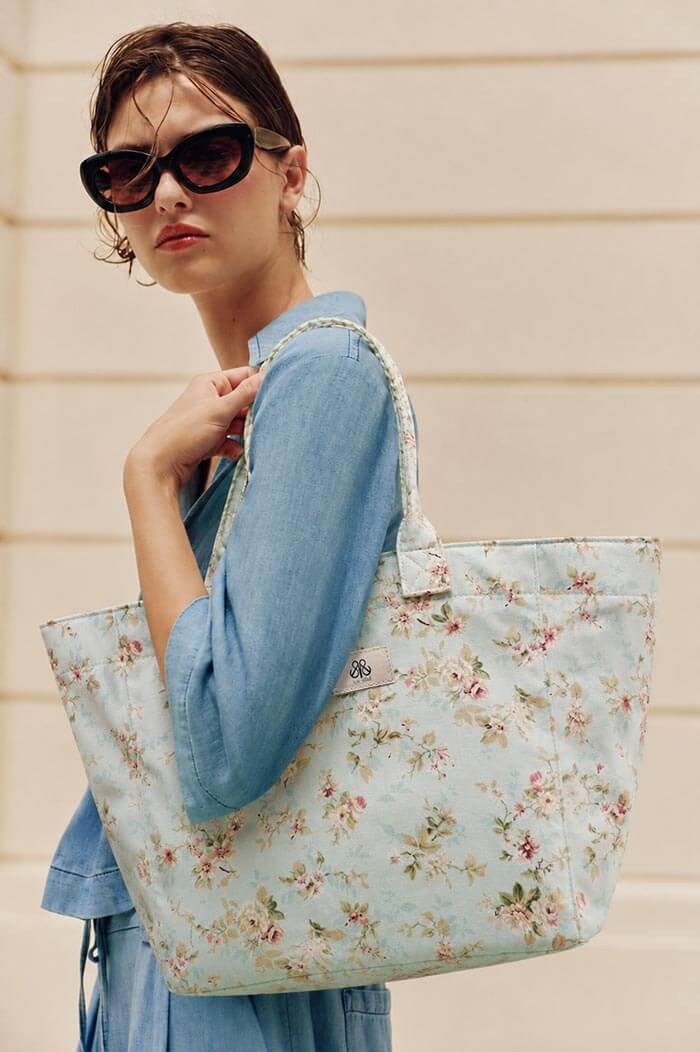 Tote Çanta Mavi Çiçekli Large