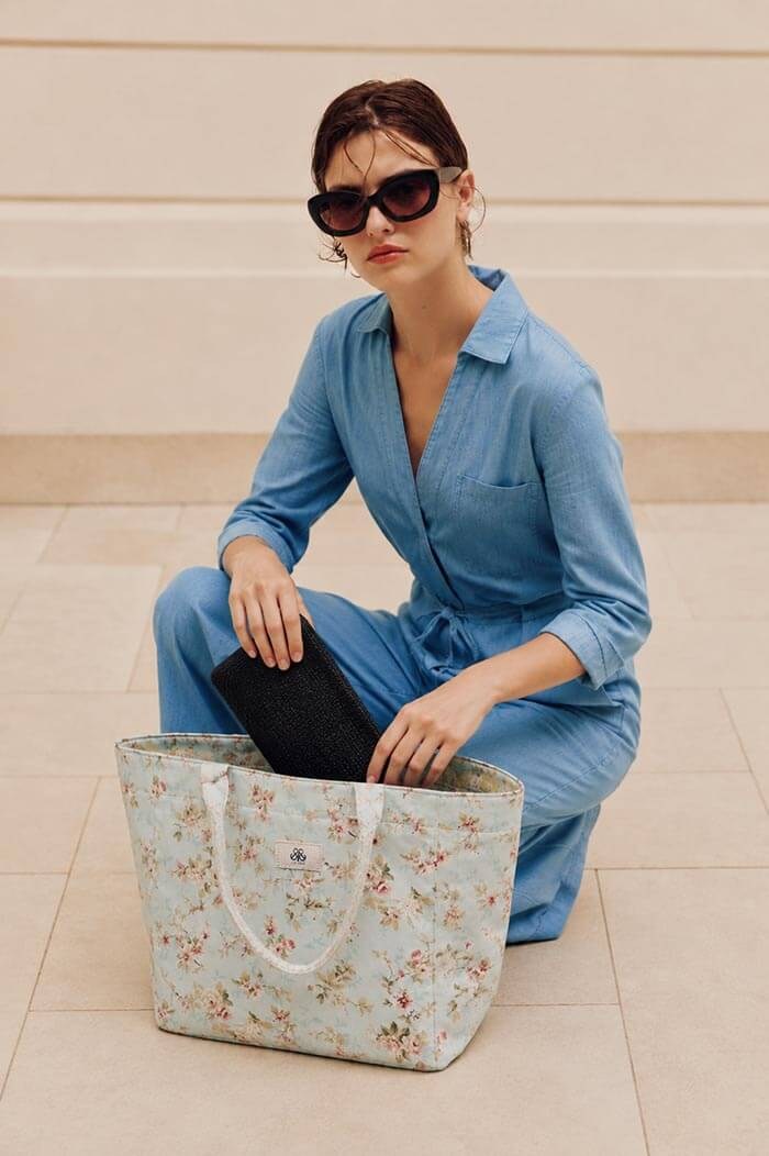 Tote Çanta Mavi Çiçekli Large