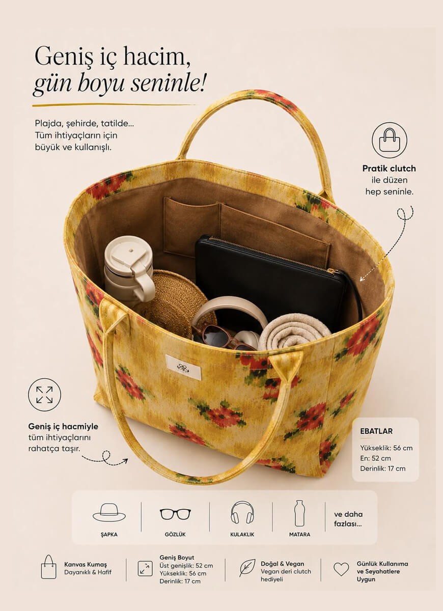 Tote Çanta Sarı Çiçekli Large