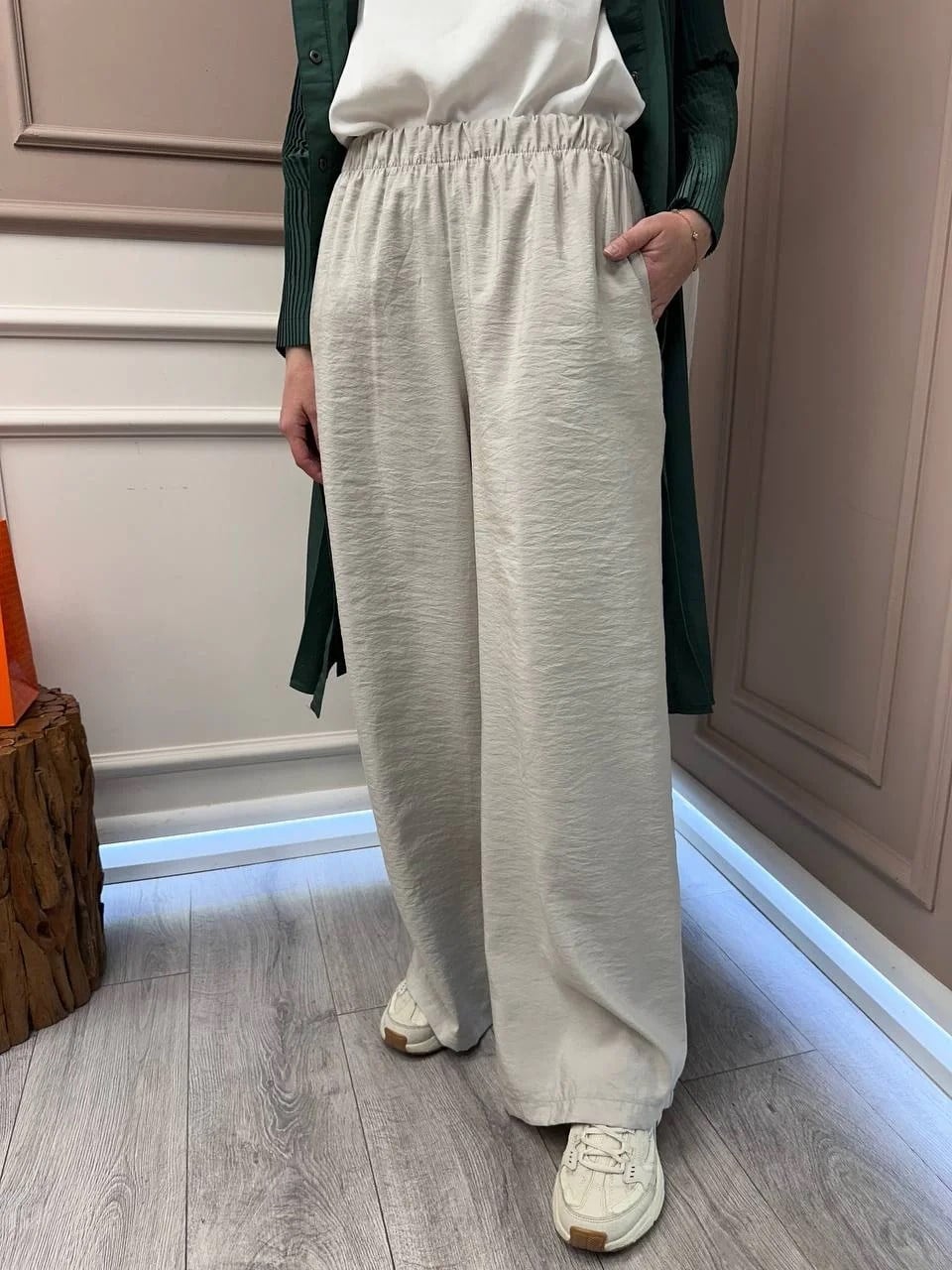 Ceremony 5355 Bej Beli Lastikli Bol Paça Pantolon