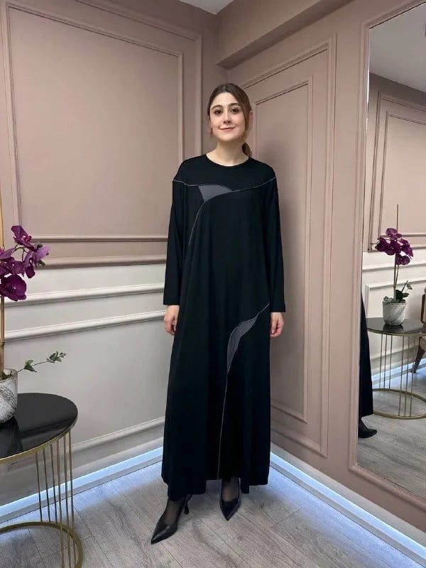 Ceremony 5730 Siyah Garni Biye Detaylı Uzun Kollu Bambu Elbise