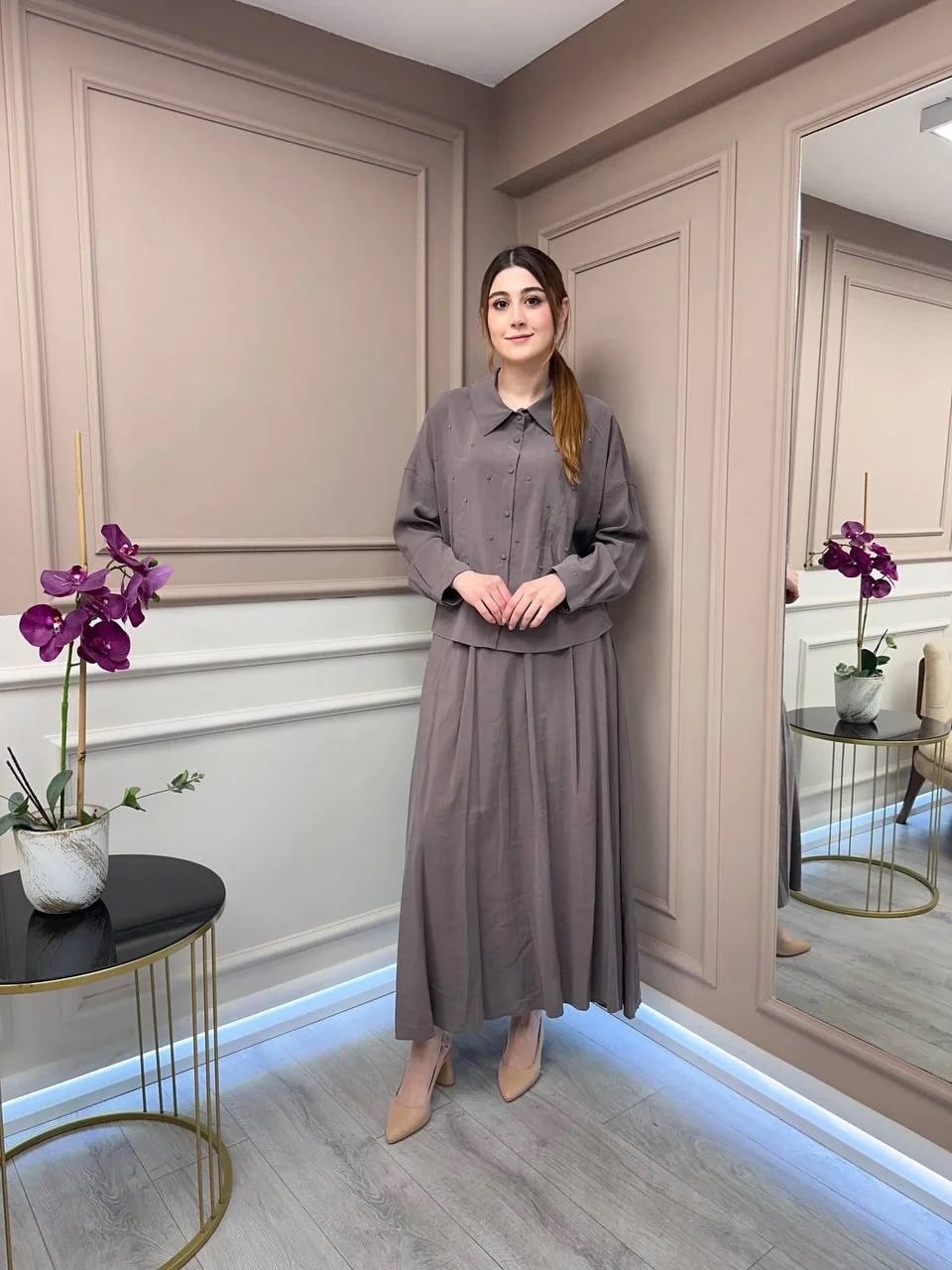 Ceremony 5966 Koyu Vizon İşlemeli Kısa Gömlek Etekli Takım