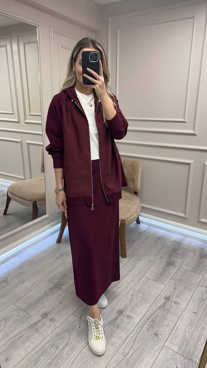 Ceremony 6865 Bordo Önden Fermuarlı Kapüşonlu Ceket