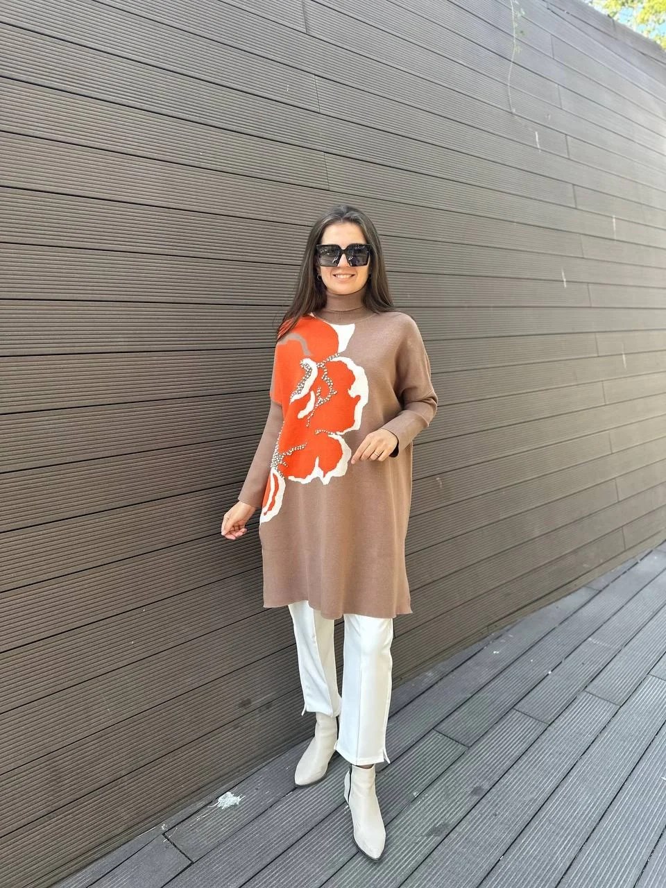 Cloche CL3268 Orange Çiçek Desenli Uzun Kazak