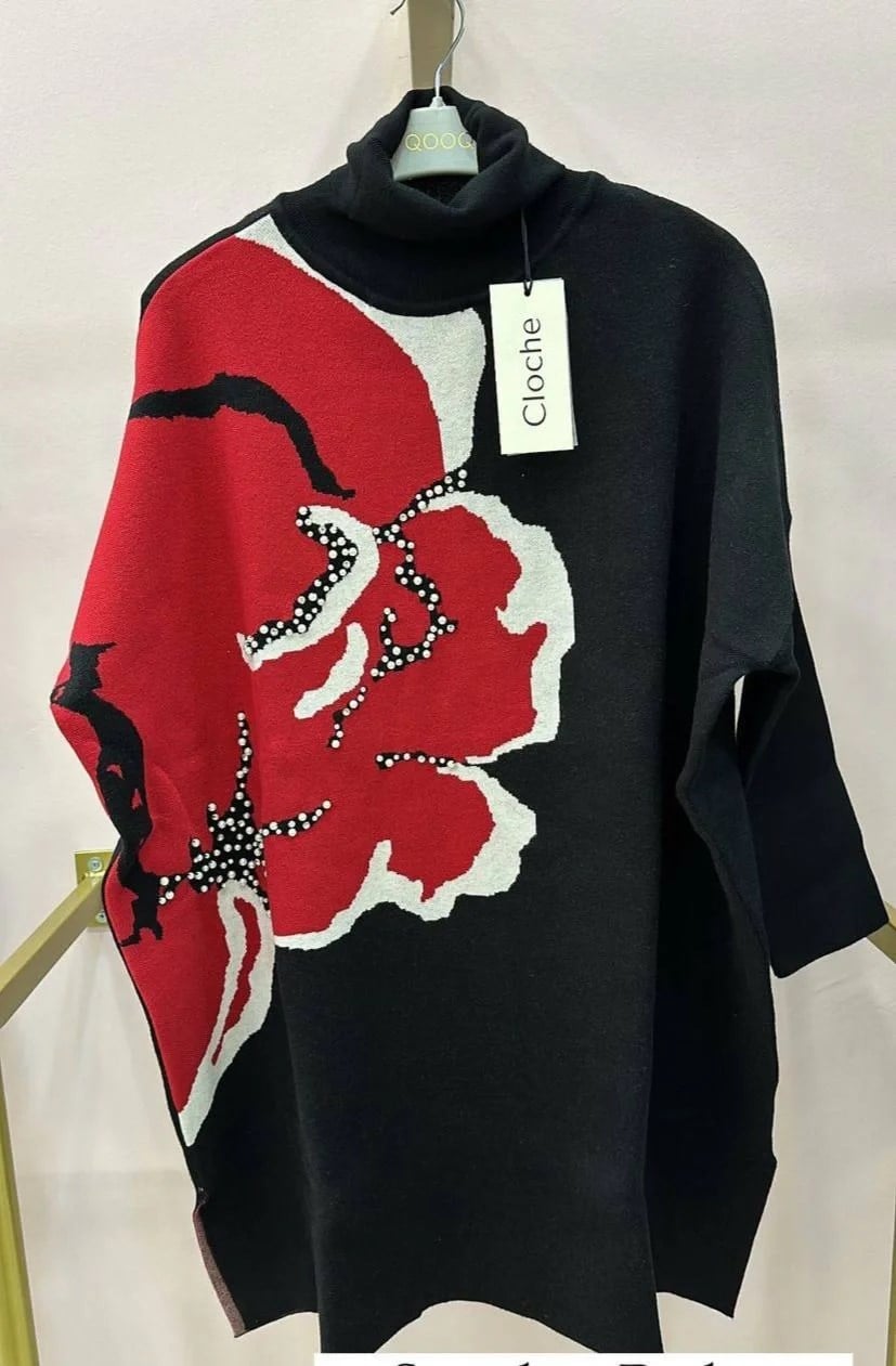 Cloche CL3268 Siyah Çiçek Desenli Uzun Kazak