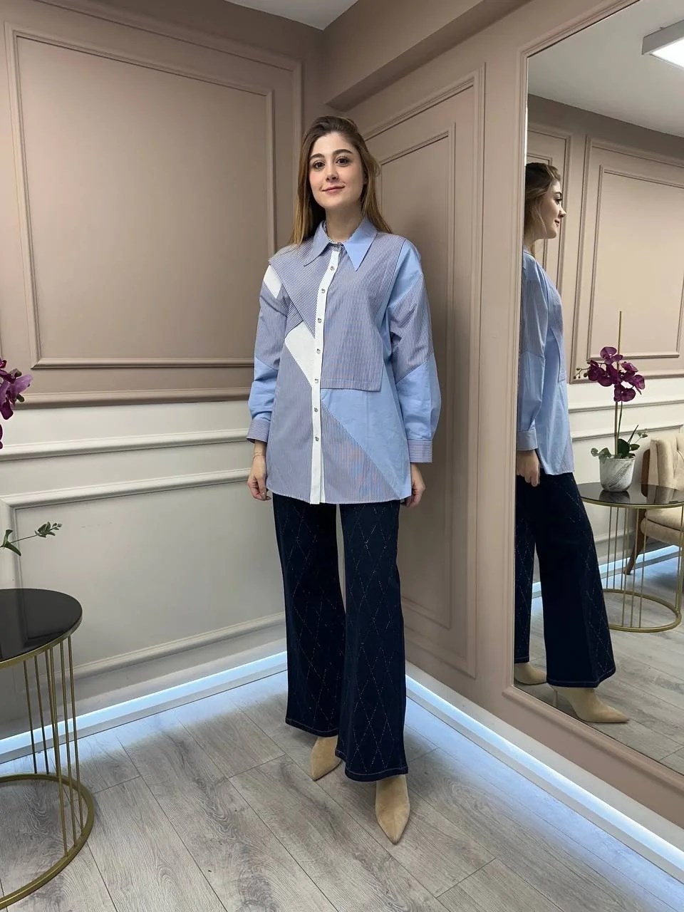 Ghisa 25YGSTNK4513 Koyu Mavi Bloklu Çizgili Tunik