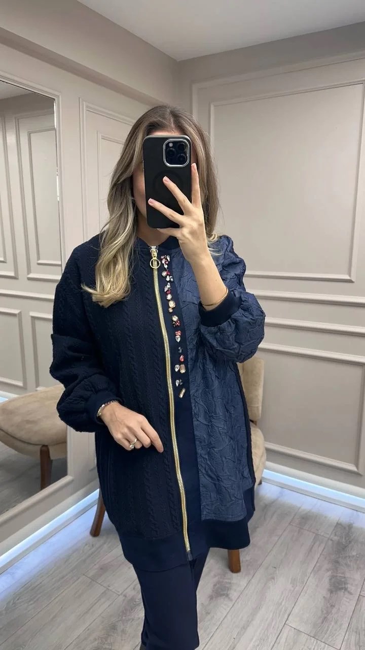 Ghisa 26KGSCKT3283 Lacivert Boncuk Detaylı Fermuarlı Ceket