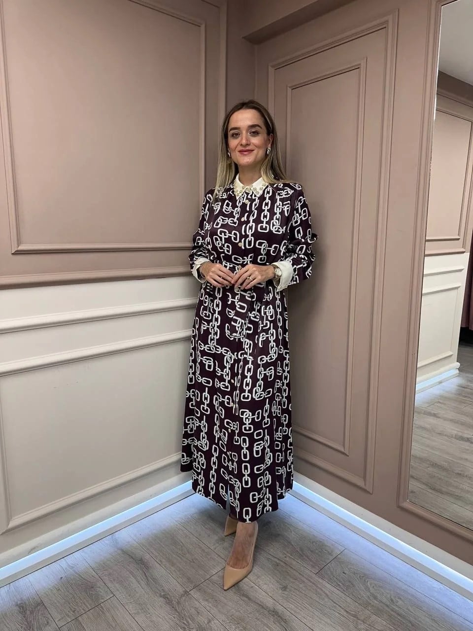 Ghisa 26KGSELB4925 Bordo Zincir Desenli Elbise