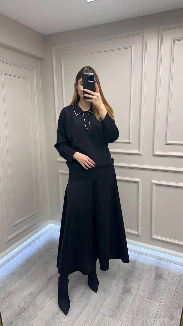 Ghisa 26KOBTNK4144 Siyah Yakası Taşlı Tunik