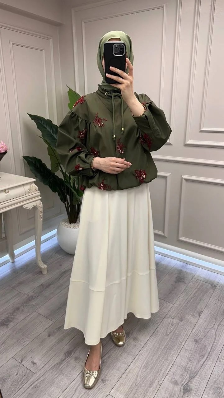 Ghisa 3610C3420 Yeşil İşleme Detaylı Kısa Ceket