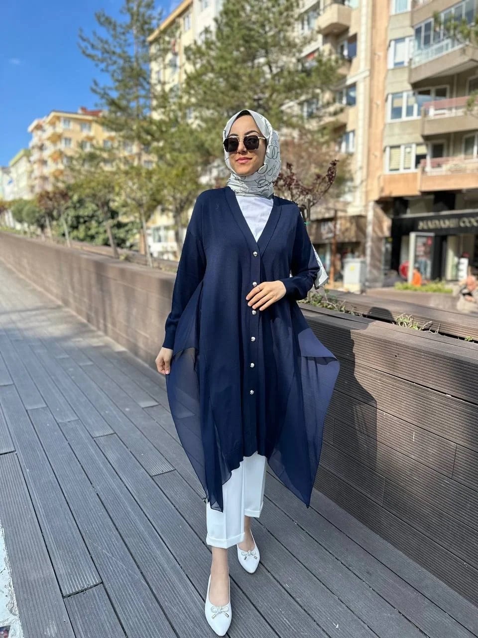 Ghisa 4KOBHRK3669 Lacivert Yanları Şifon Kumaşlı Triko Hırka