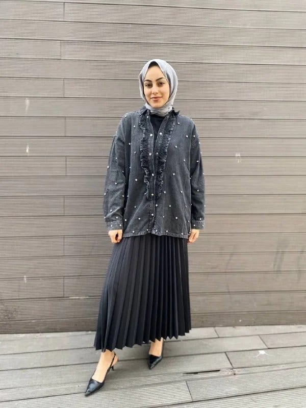 Ghisa 4YGSCKT3745 Gri Önü Fırfır Detaylı Kot Ceket