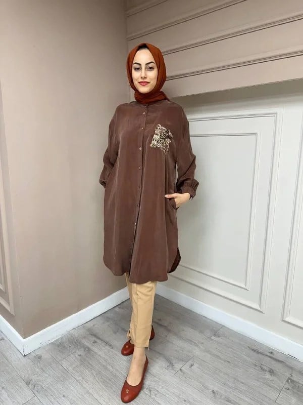 Ghisa 4YGSTNK4668 Kahve Yaka Detaylı Ara Boy İpek Tunik