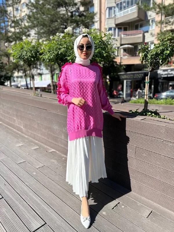 Ghisa 4YÖRTNK4609 Pembe Kolu Fırfırlı Tunik