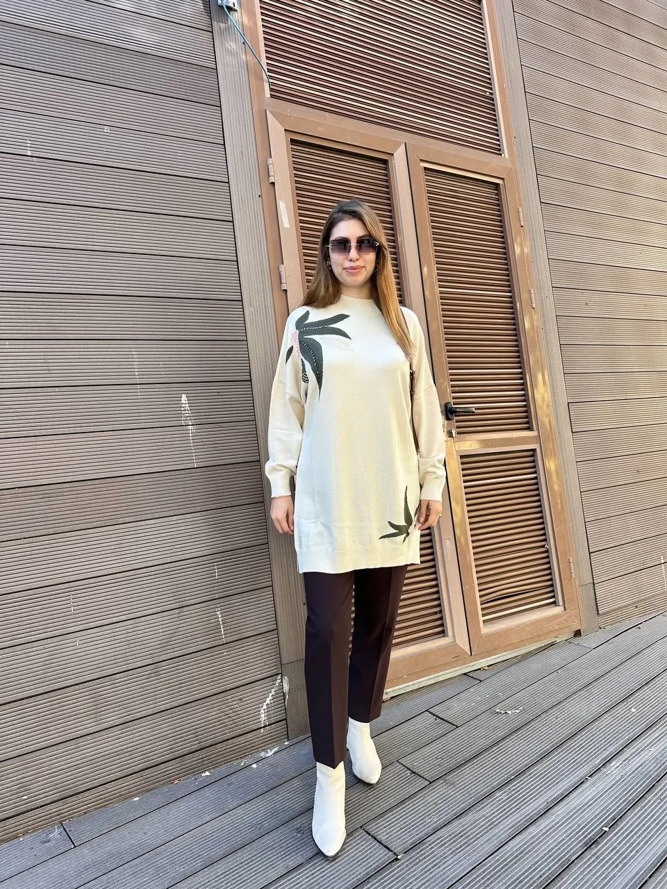 Ghisa 5KKNTNK4660 Ekru Yaprak Desenli Triko Tunik