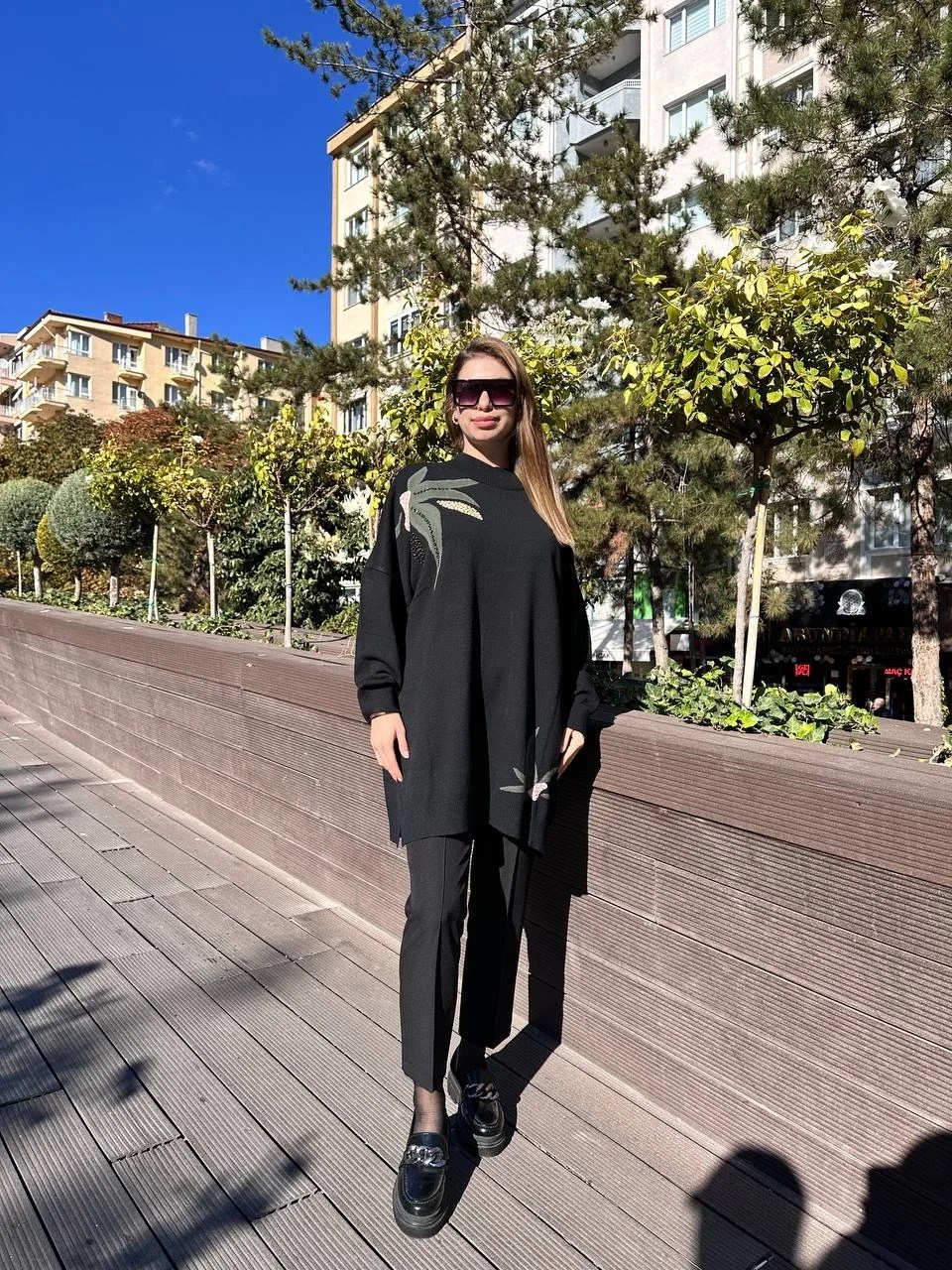 Ghisa 5KKNTNK4660 Siyah Yaprak Desenli Triko Tunik
