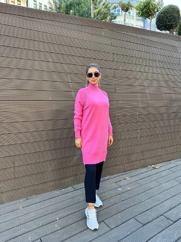 Ghisa 5KOBTNK4391 Pembe Yakası Taşlı Triko Tunik