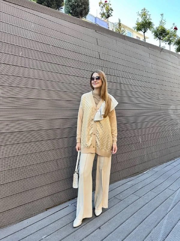 Ghisa 5KÖRHRK3603 Camel Kazayağı Desenli Yakası Fırfırlı Hırka