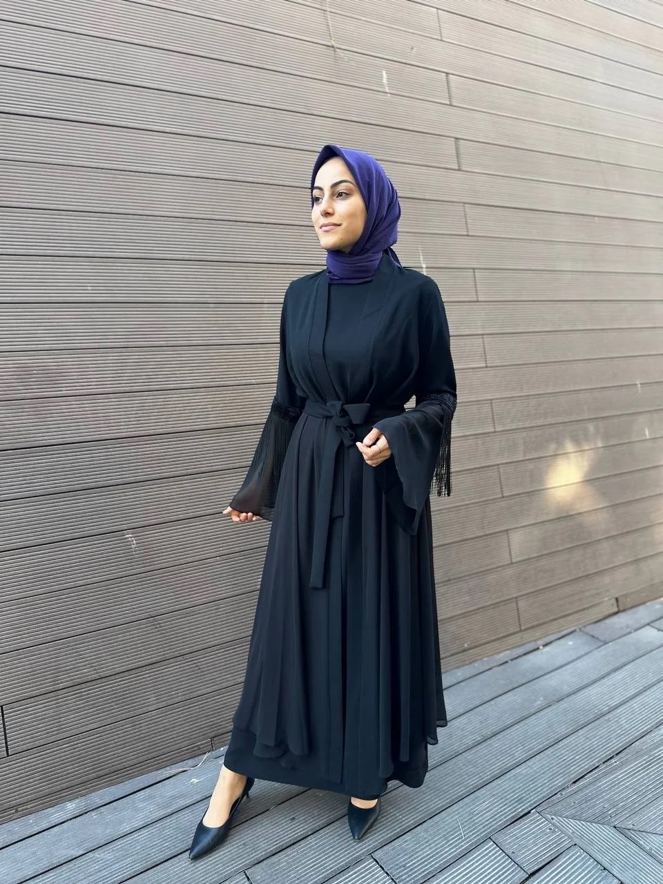 Heddy & Nurcan Çetin 7603 Siyah Kolu Püskül Detaylı İkili Abaya