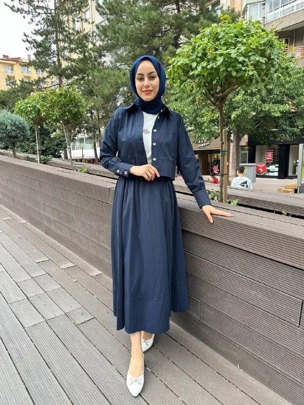 HNS 5210 Lacivert Midi Ceket Etekli Takım