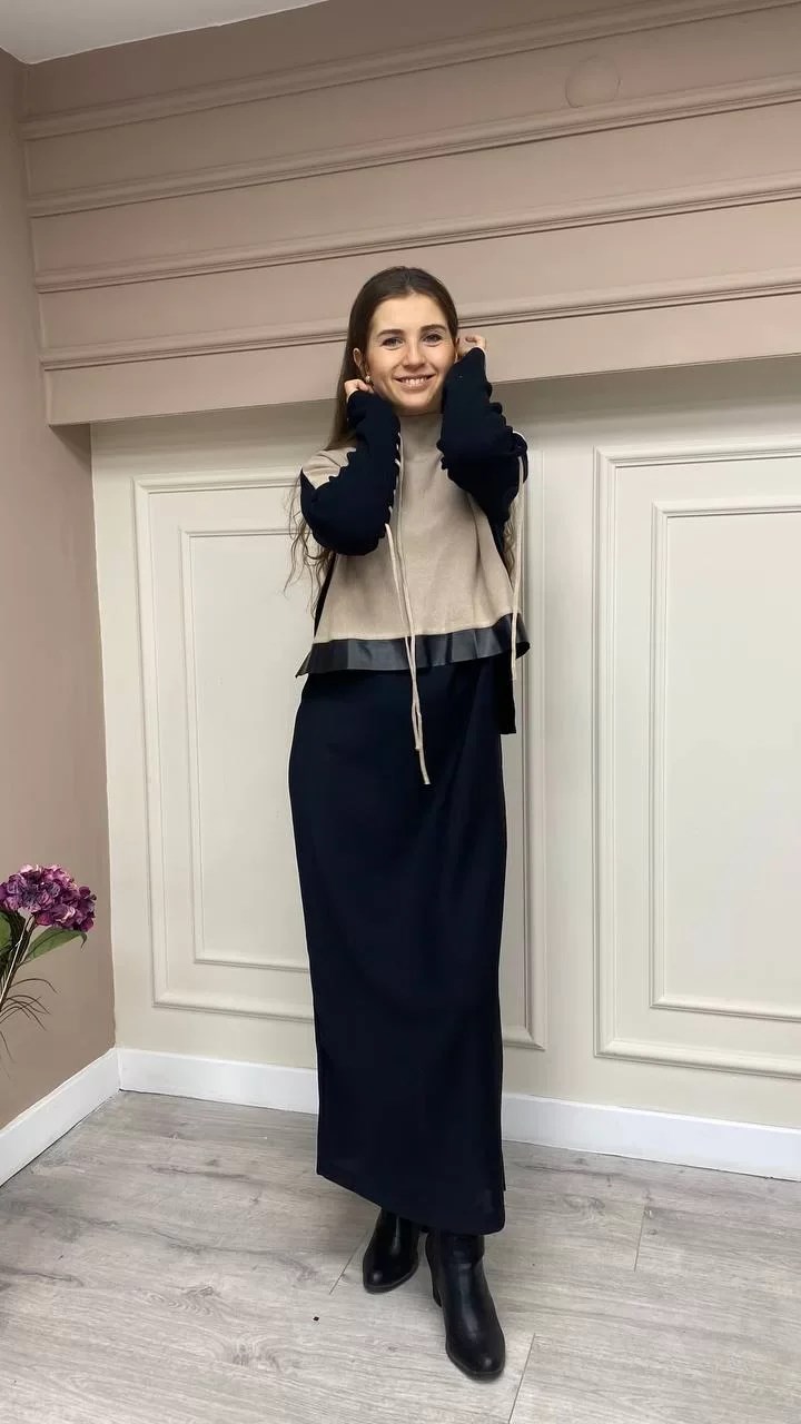 Hukka Design 020001 Bej-Siyah Triko Bluzlu Elbise