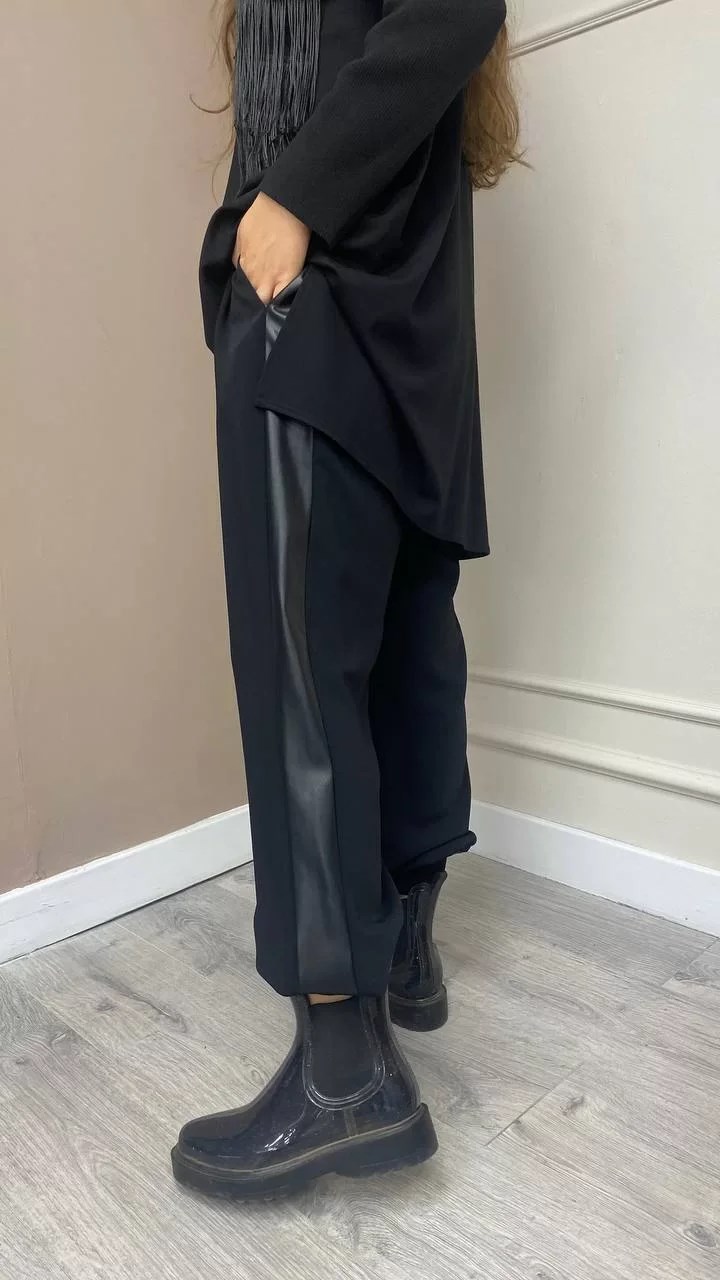 Hukka Design 050023 Siyah Yanı Deri Şerit Pantalon