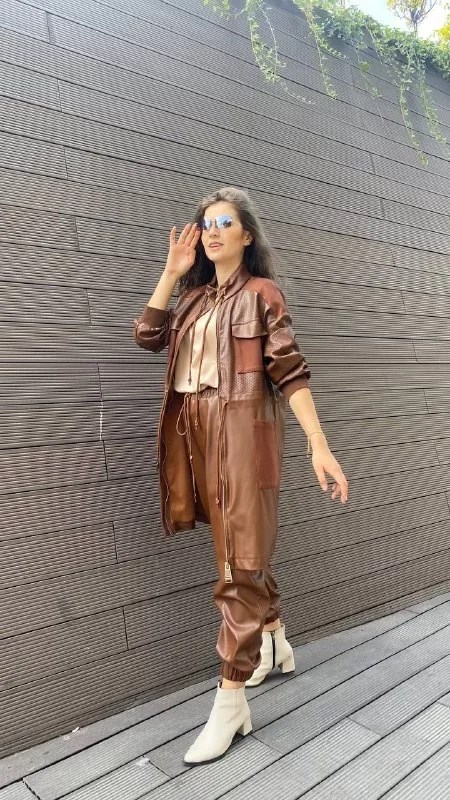 Hukka Design 050038 Taba Deri Paçası Lastikli Pantalon