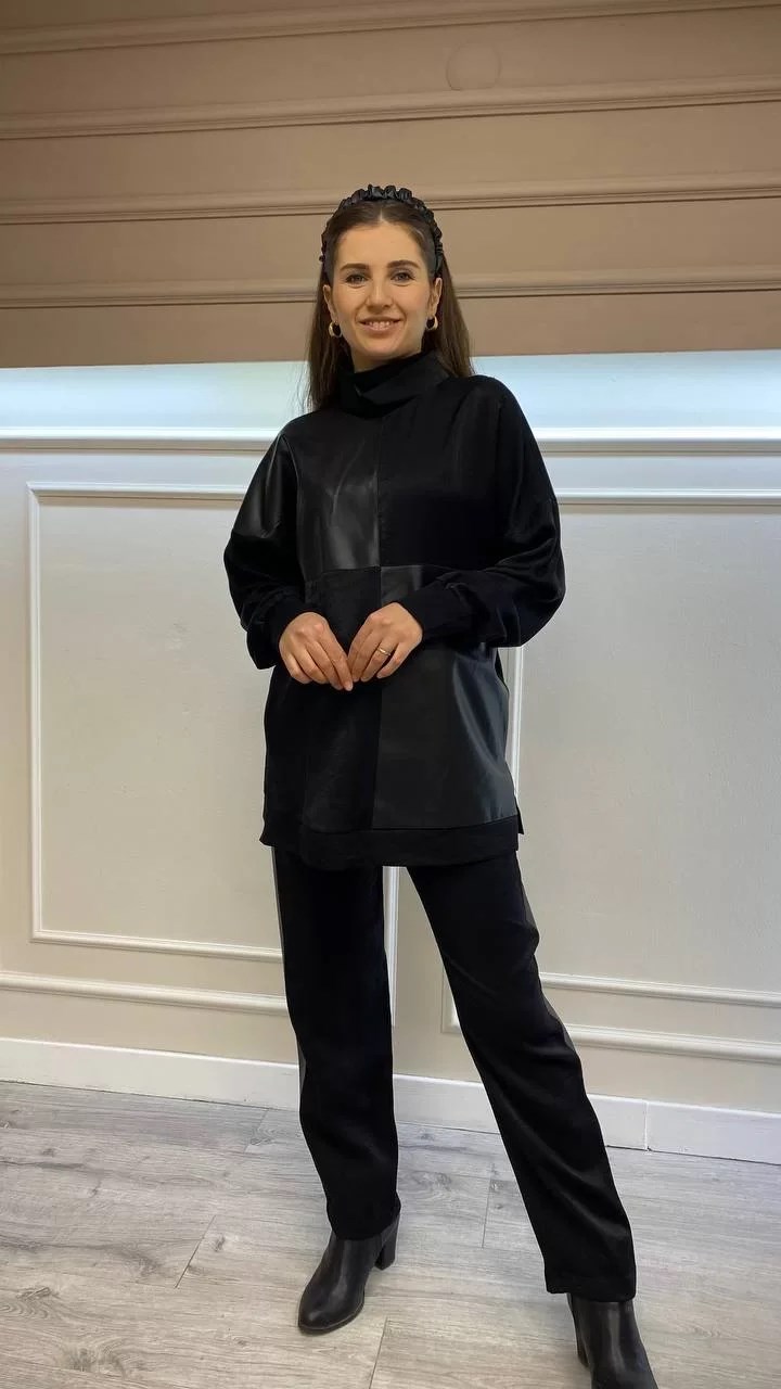 Hukka Design 050045 Siyah Deri Şeritli Deri Kemerli Pantolon