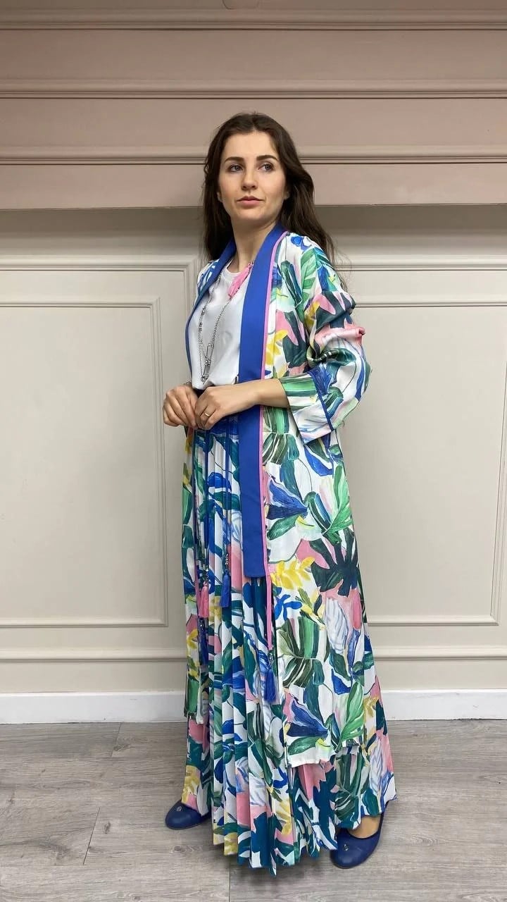 Hukka Design 12R020 Mavi Yaprak Desen Kimono