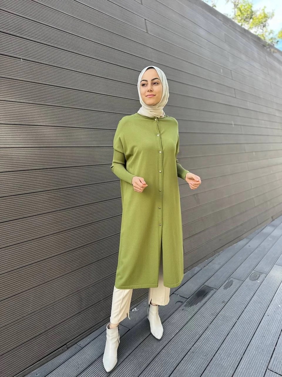 İnvee 5539 Yağ Yeşili Düğmeli Hırka