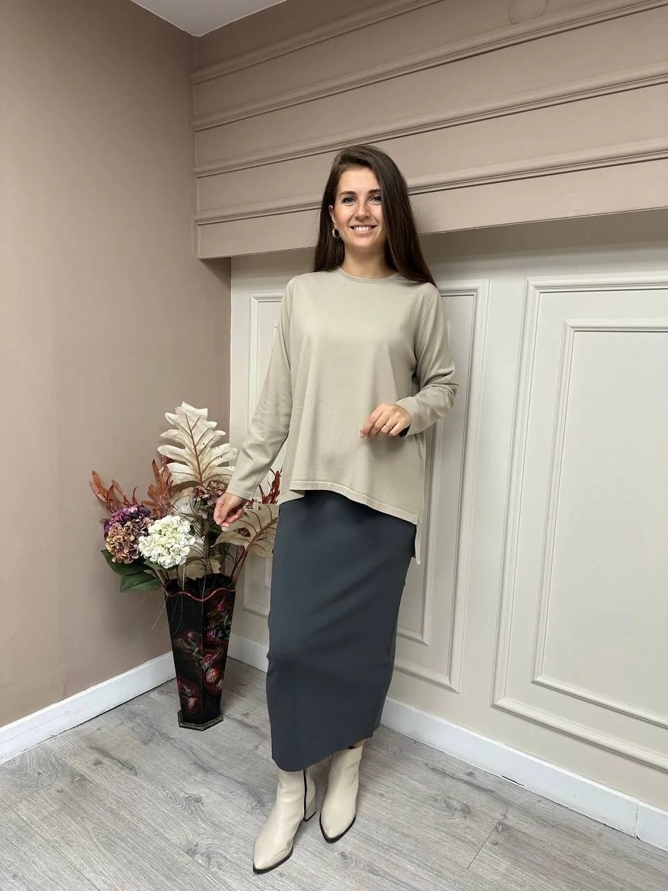 İnvee 5685 Füme Triko Kalem Etek