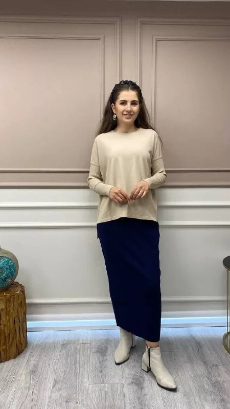 İnvee 5685 Lacivert Triko Kalem Etek