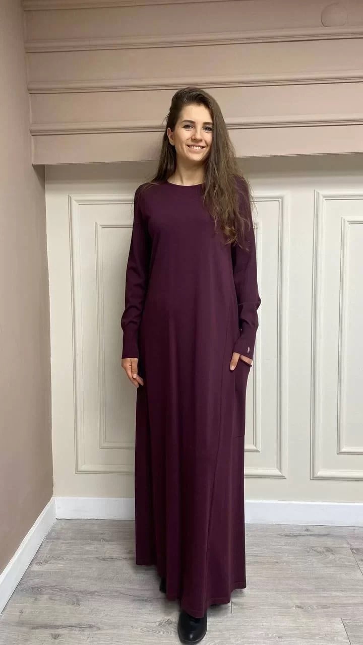 İnvee 5689 Mürdüm Cep Detaylı Triko Elbise