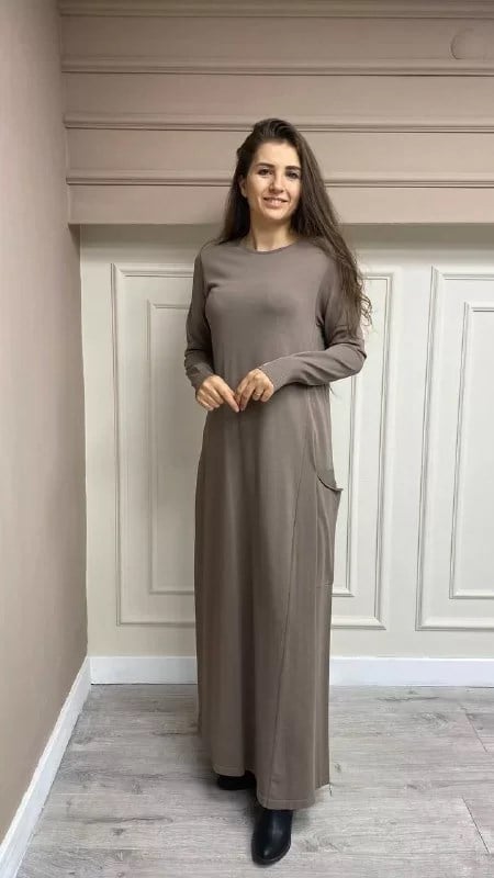 İnvee 5689 Vizon Cep Detaylı Triko Elbise