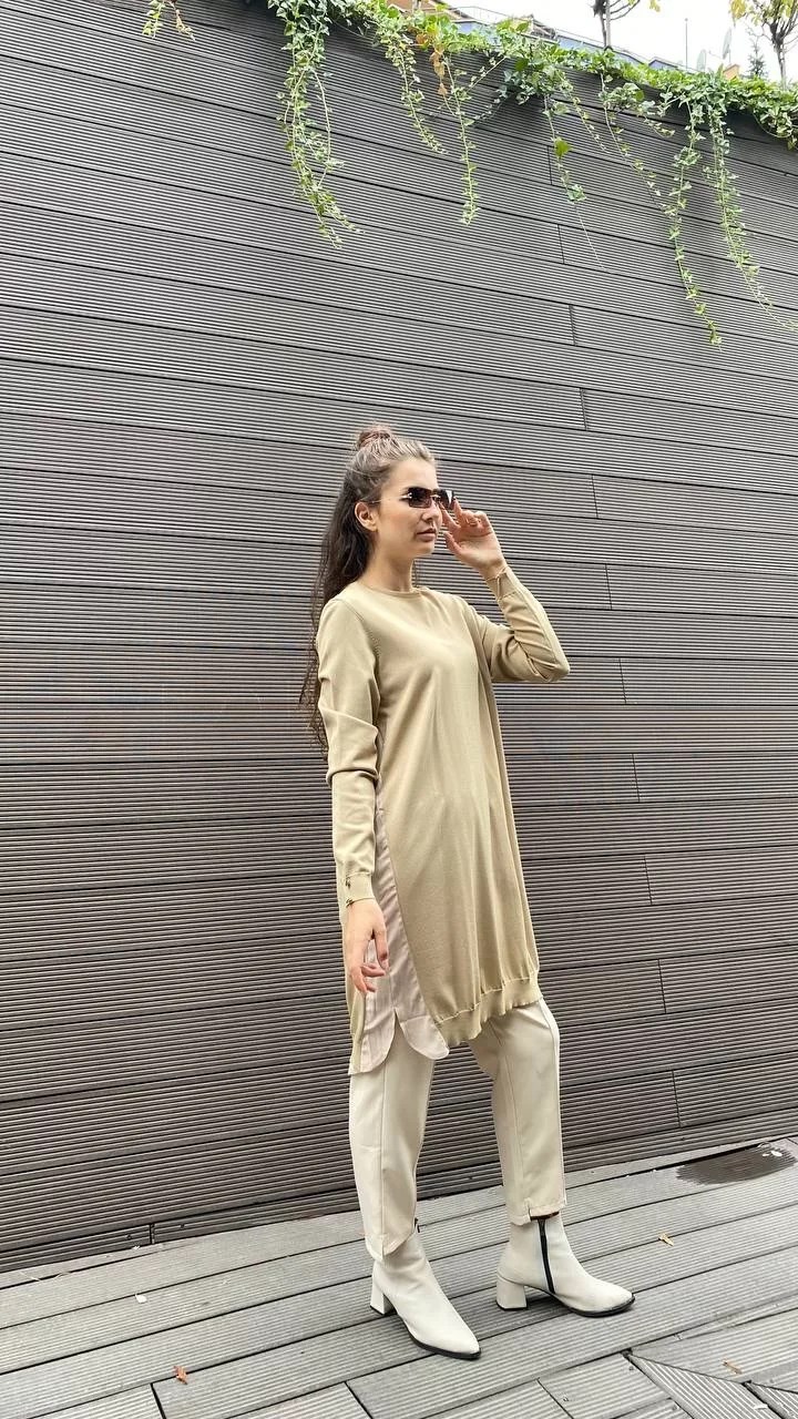 İnvee 5860 Bej Yanı Şifon Triko Tunik