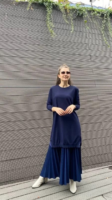 İnvee 5860 Lacivert Yanı Şifon Triko Tunik