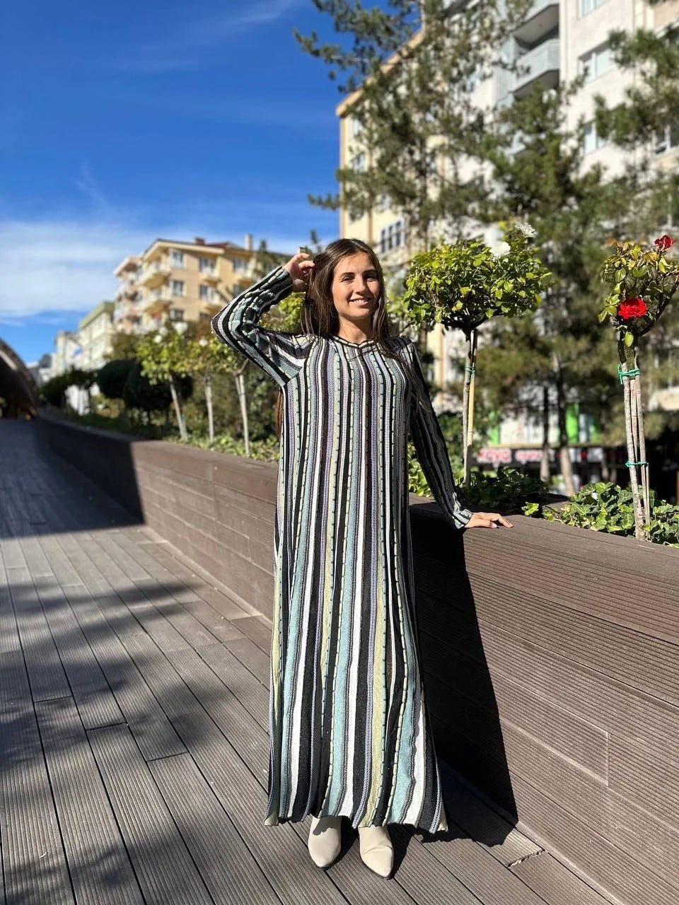 İnvee 5875 Siyah Şeritli Triko Elbise